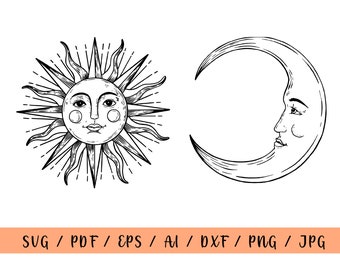 Sun SVG Clipart Bundle Sunny Face Svg Cut File Moon Face SVG, Moon Silhouette Instant Download, Files For Cricut, Cameo, Silhouette SC0113