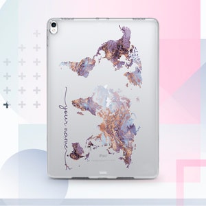 May include: A clear iPad case with a world map design. The map is printed in shades of purple, blue, and gold. The text "your name" is written in cursive on the case. The case is designed for an iPad.