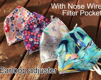 Face Mask with filter pocket and nose wire Floral Washable Cotton Reusable Mask,, Adult & kid size filter pocket  earloop adjuster