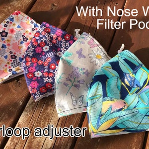 Face Mask with filter pocket and nose wire Floral Washable Cotton Reusable Mask,, Adult & kid size filter pocket  earloop adjuster