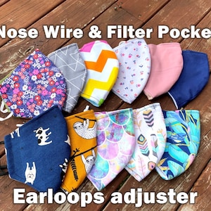Washable Cotton Face Mask 2 Layers breathable or 3 Layers with nose wire and filter pocket Reusable Masks Adult & kid size filter pocket