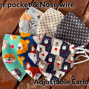2 or 3 layers Cotton Face Mask with nose wire and filter Washable pocket Reusable Mask Adult & kid size filter pocket
