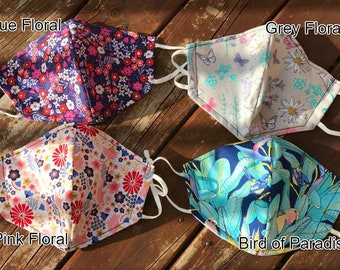 Mascarilla facial de algodón floral: reutilizable, ajustable y con bolsillo para filtro