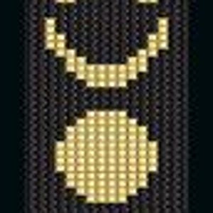 Könnte beinhalten: Schwarze und goldene Perlenfransen mit geometrischem Muster. Die Fransen bestehen aus kleinen Perlen, die zu einem einzigartigen Design verwoben sind.