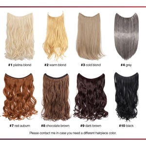 May include: A color chart displaying eleven hair extension pieces labeled MYHAIRPIECE. The options include various shades of blonde, brown, grey, and black, ranging from straight to wavy textures, numbered 1 through 11 with descriptive color names.