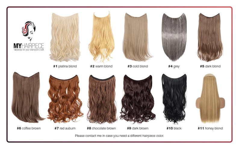 May include: A color chart displaying eleven hair extension pieces labeled MYHAIRPIECE. The options include various shades of blonde, brown, grey, and black, ranging from straight to wavy textures, numbered 1 through 11 with descriptive color names.