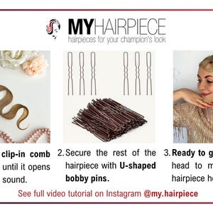 May include: An instructional graphic for MYHAIRPIECE featuring a light brown wavy hair extension with a clip, a collection of dark brown U-shaped bobby pins, and a demonstration of the hairpiece applied to a head. Text includes step-by-step instructions.