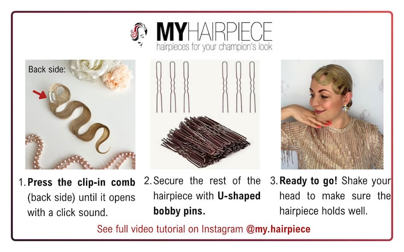 May include: An instructional graphic for MYHAIRPIECE featuring a light brown wavy hair extension with a clip, a collection of dark brown U-shaped bobby pins, and a demonstration of the hairpiece applied to a head. Text includes step-by-step instructions.