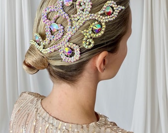 Rhinestone Ballroom Latin Dance Headpiece Hairpiece: AB Crystal Lace Applique for Hairstyle