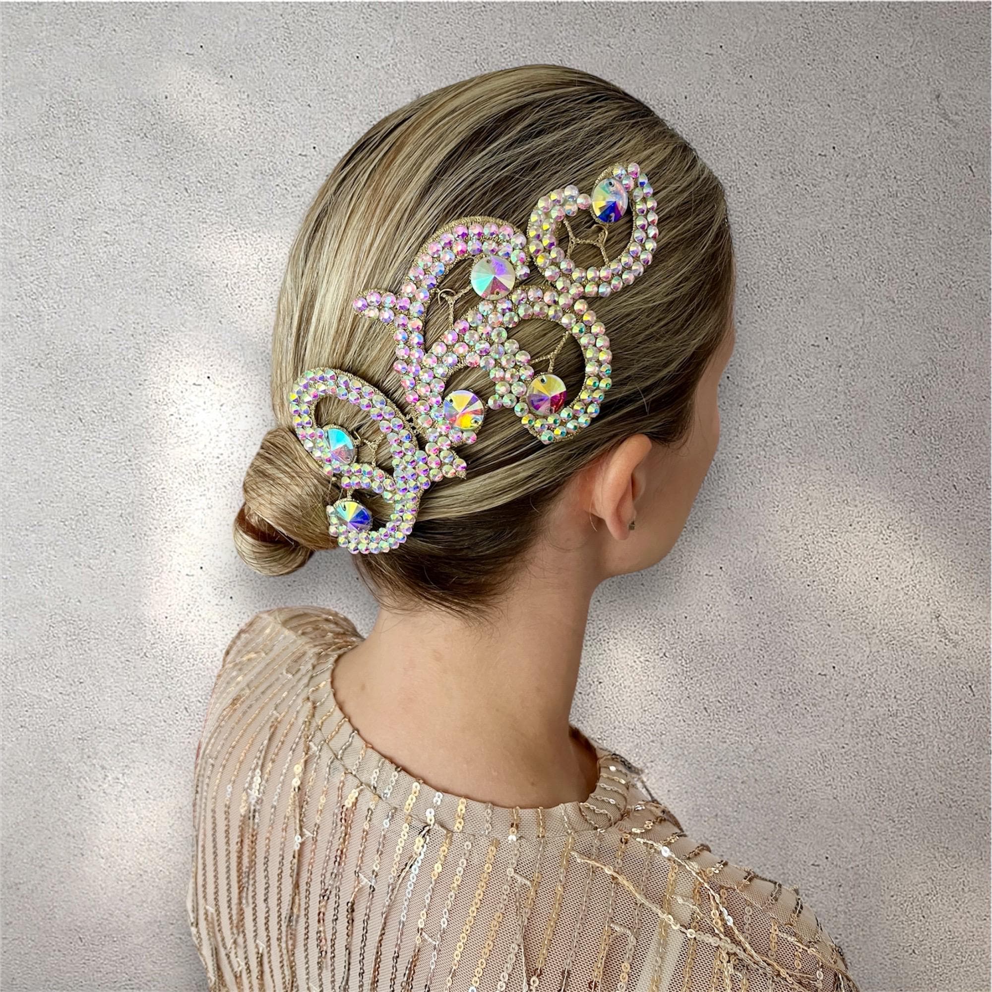 Ballroom Dance Costume Hair Jewelry w A/B Crystals Red Orange Green 3”x3” Ballroom Rhinestones Decorative Hairpiece. Dance Jewelry  main image 2