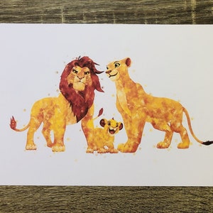 May include: A watercolor painting of a lion family. The father lion has a red mane and is looking at the viewer. The mother lion is looking at the father lion. The cub is looking at the viewer. The background is white.