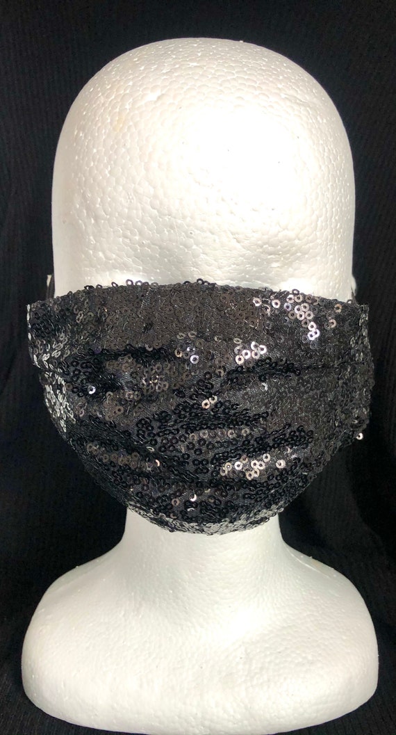 Black Sequin Face Mask With Filter Etsy