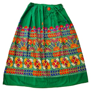 Indian Vintage Textile Skirt, Blue Hand Embroidery Mirror Work