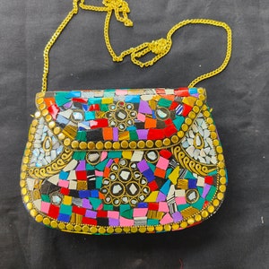 Handmade Metal Mosaic Clutch: Tribal Boho Bag with Chain Strap