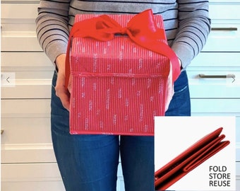 8" Collapsible Reusable Gift Box With Satin Ribbon (Red)