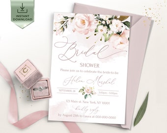 AVA Soft Blush Pink Bridal Shower invitation Template, Floral Electronic Bridal Shower invites, Digital Download, Smartphone,  Bridal Shower