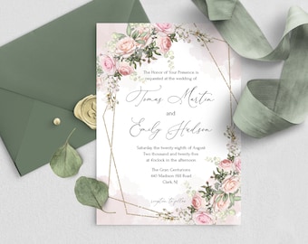 TEA ROSE Wedding Invitation Template with Watercolor Blush Pink Flowers, INSTANT Download, Editable, Printable and Charming, Diy