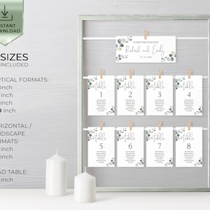 Minimalist Seating Chart Template, Eucalyptus Table Seating Chart Card, Printable Seating Plan, Hanging Greenery Seating Chart Wedding EVA image 2