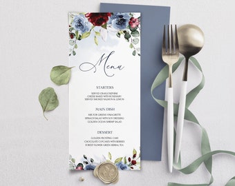 DELLA Burgundy and Dusty Blue Wedding Menu Template, Floral Editable Burgundy and light blue Menu Download,  INSTANT Download, Printable