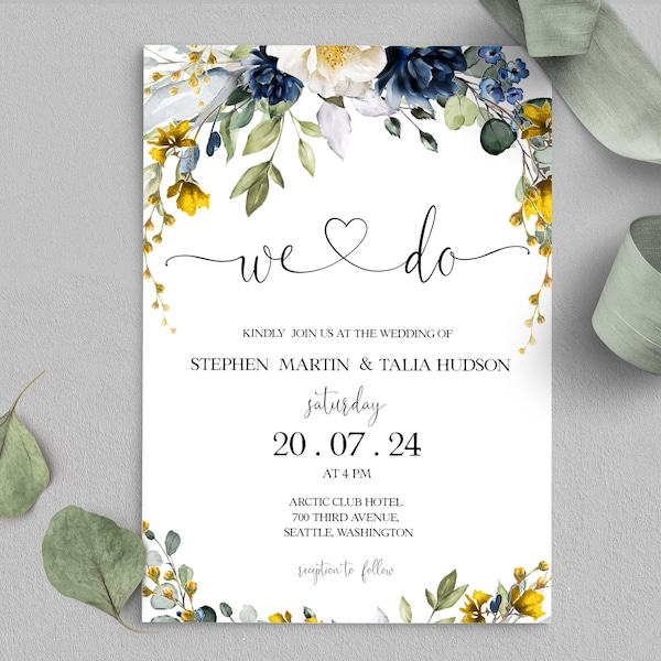 EVELYN Spring flowers Invitation Template, Blue Yellow Wedding Invitation Download, Floral Editable Wedding invites, INSTANT DOWNLOAD, Diy