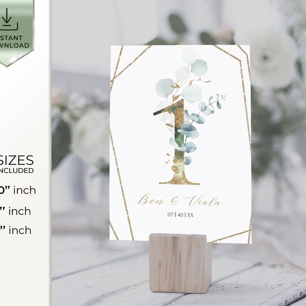 Sage Green Wedding Table Number Template with  Eucalyptus, Greenery and Gold Wedding Table Number Card, INSTANT Download, Printable | VESNA