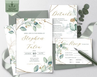 VESNA | Greenery Wedding Invitation Bundle Template | Editable Eucalyptus Invitation Set | Printable | Instant Download