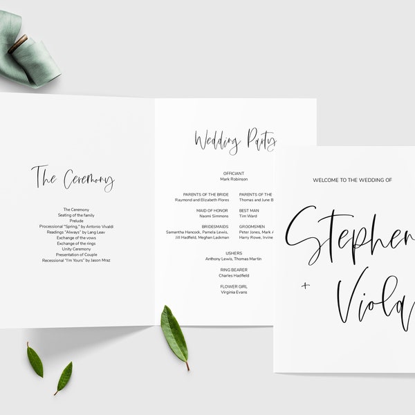 GRACE Minimalist Folded Wedding Program Template, Minimalistic Ceremony Template Printable, Folded Program Order Of Ceremony, Diy