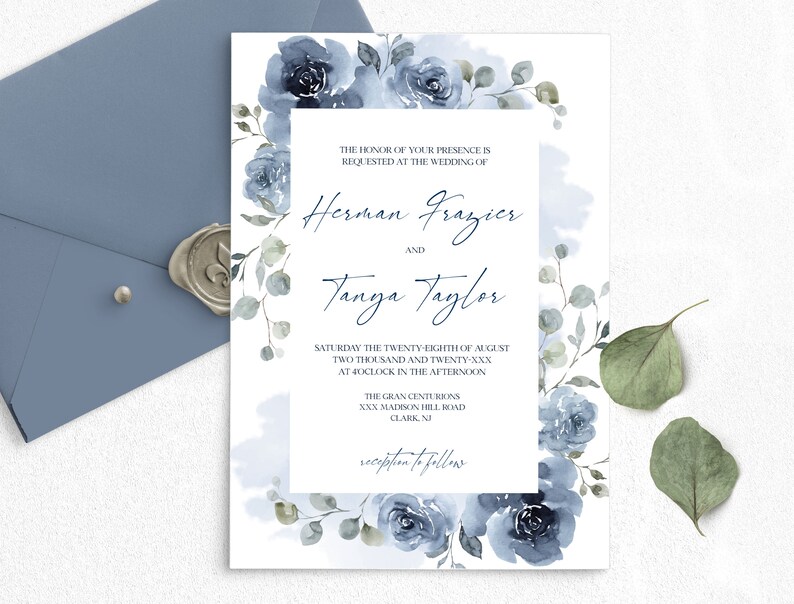 SKYLA Dusty Blue Flowers Wedding Invitation Template Editable image 1