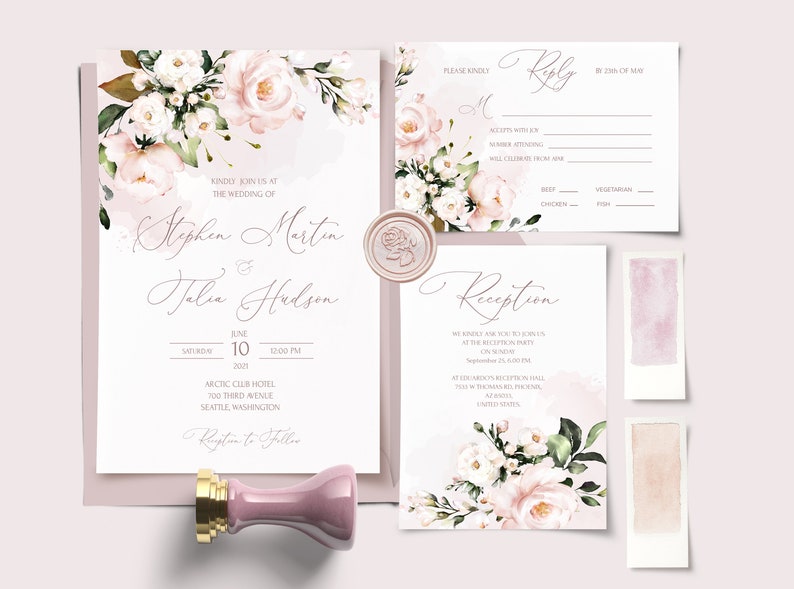 AVA Soft Pink Wedding Invitation MEGA bundle Template, Blush Pink printable Wedding Invites Mega Bundle, Editable, Download, Floral image 4