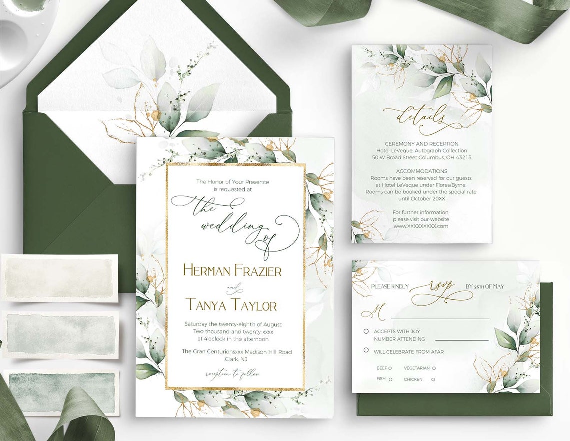 ROYALTY Eucalyptus Wedding Invitation Set Template Editable image 1