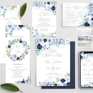 MRIA Light Blue and Blue Navy Wedding Invitation Bundle Template, Light Blue Wedding Invites set Download, Floral, Printable, Editable Diy image 2