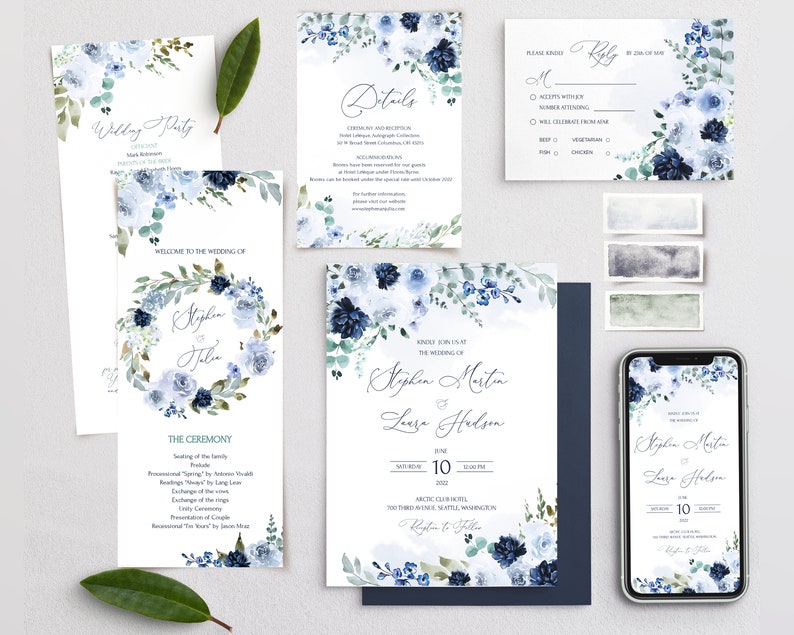 MRIA Light Blue and Blue Navy Wedding Invitation Bundle Template, Light Blue Wedding Invites set Download, Floral, Printable, Editable Diy image 2