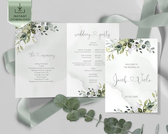 AMELIA - Greenery Programmheft, Eukalyptus Hochzeitsprogramm, druckbare gefaltete Hochzeitszeremonie, Programmheft für die Hochzeit