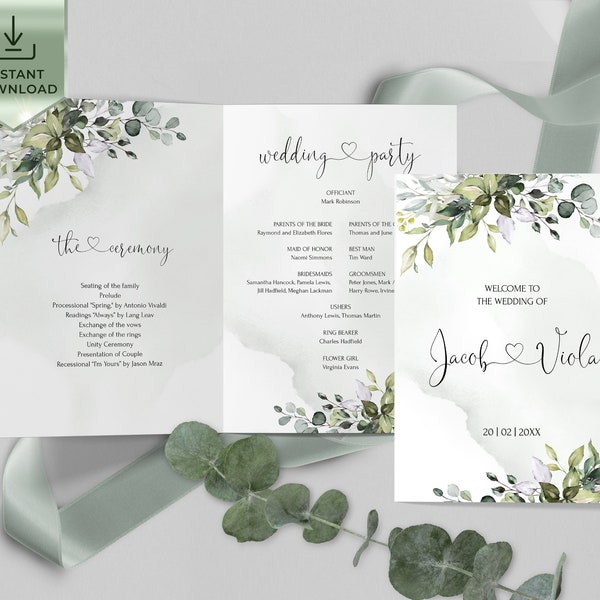 AMELIA - Greenery Program Template, Eucalyptus Wedding Program Template, Printable Folded Ceremony Template, Wedding program Booklet