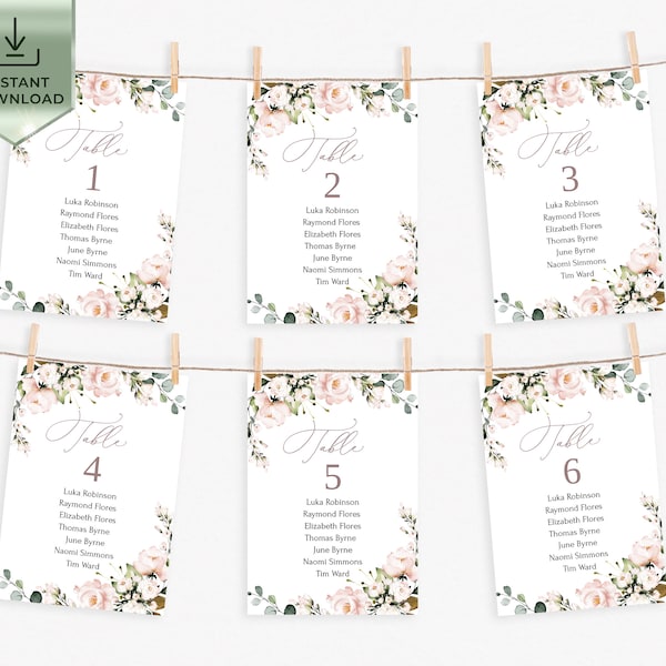 AVA - Seating Chart Cards Template, Soft Pink Printable Seating Chart Sign, Seating Chart Wedding Template, Hanging Seating Board