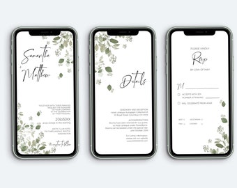 Digitale huwelijksuitnodiging bundelsjabloon, bewerkbare ANA Eucalyptus Greenery Smartphone-details en Rsvp, mobiele uitnodiging Downloaden | ANA