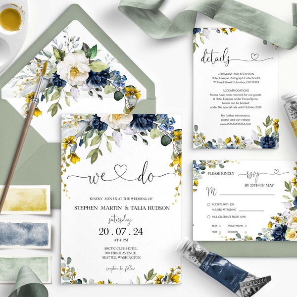 EVELYN Spring flowers Invitation Bundle Template, Blue Yellow Wedding Invitation Download, Floral Editable Wedding invites, INSTANT DOWNLOAD