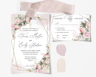 TEA ROSE Wedding Invitation & Rsvp/Reply Card Template Watercolor blush pink Flowers, INSTANT Download, Editable, Printable Charming, Diy