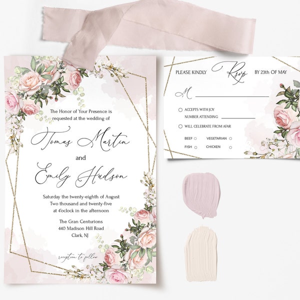 TEA ROSE Wedding Invitation & Rsvp/Reply Card Template Watercolor blush pink Flowers, INSTANT Download, Editable, Printable Charming, Diy