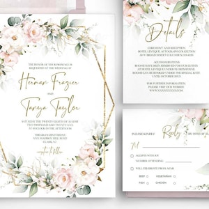 BLUSH Flowers Wedding Invitation Set Template , Boho Soft Pink Editable Invites Suite, Geometric Printable Bundle For Home Printing, Invites