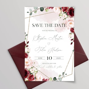 ARLETH Burgundy and Soft Pink Save The Date Template, Editable Burgundy Flowers Save the Date Digital Download, Geometric Save Our Date Card