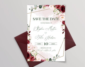 ARLETH Burgundy and Soft Pink Save The Date Template, Editable Burgundy Flowers Save the Date Digital Download, Geometric Save Our Date Card