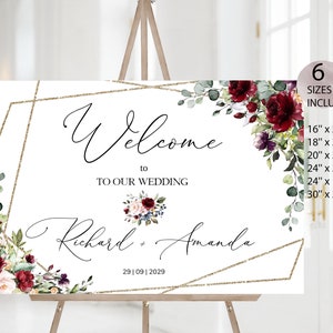 ZAYLA Editable Welcome Sign, Geometric Welcome Sign Template, Burgundy Welcome Sign, Floral Wedding Sign, Diy, Printable Custom Welcome Sign