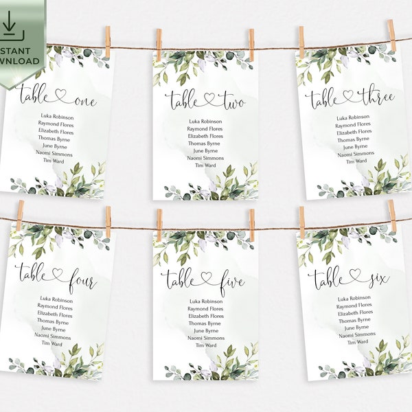 Greenery Seating Chart Template, Printable Eucalyptus Wedding seating Chart sing, Hanging Seating Chart Wedding, Card Template | AMELIA