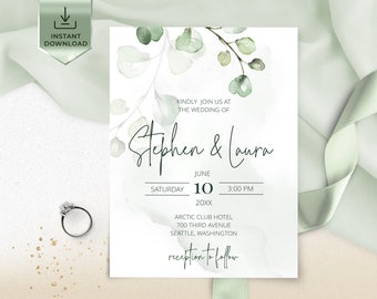 Minimalist Wedding Invitation Template, Eucalyptus Printable Wedding Invites Template, Editable Invites, Instant Download | FREYJA