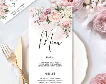 TEA ROSE Blush Pink Wedding Menu Template, Floral Wedding Menu,  INSTANT Download, Editable, Tea rose Wedding Menu, Pink Printable Menu, Diy