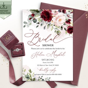 ARLETH Burgundy Bridal Shower invitation Template, Floral Editable Bridal Shower, Digital Download, Merlot Printable Bridal Shower invites