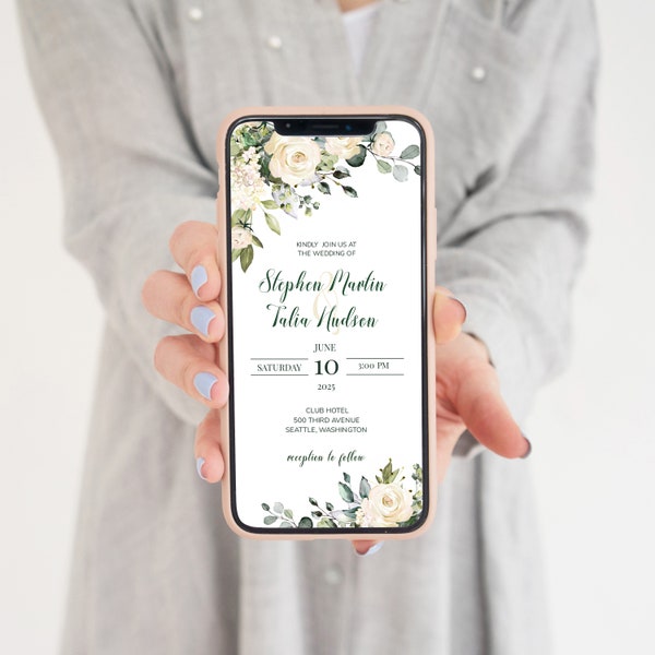 Rose Digital Wedding Invitation, Greenery iPhone Evite, Editable Greenery Digital Template, Floral Mobile Invite Download, Smartphone | MIA