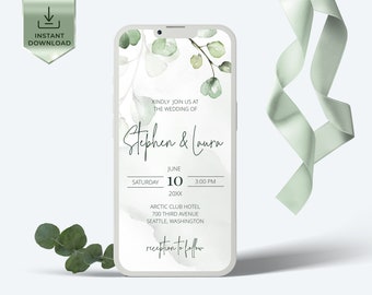 FREYJA - Modèle d'invitation électronique d'eucalyptus, invitation, invitation numérique de verdure, invitation pour mobile, invitation de mariage SMS pour smartphone