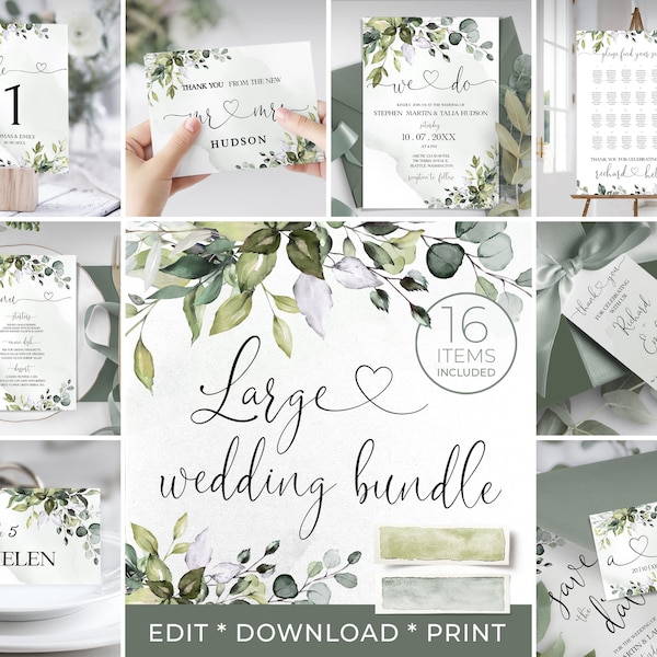 Wedding Invitation Mega Bundle | Greenery Eucalyptus Editable Templates Printable | Instant Download | Eucalyptus Theme | DIY | Amelia